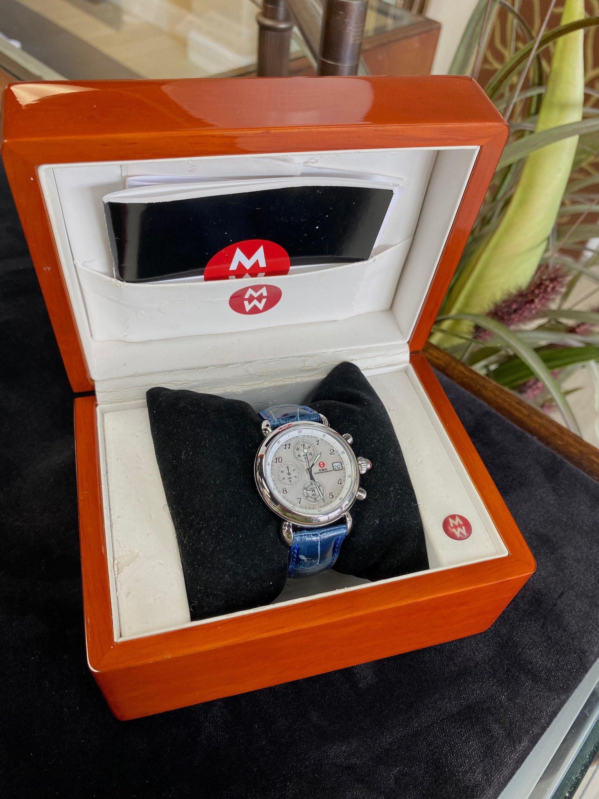 Michelle Chronograph Ladies Watch with Blue Alligator band 