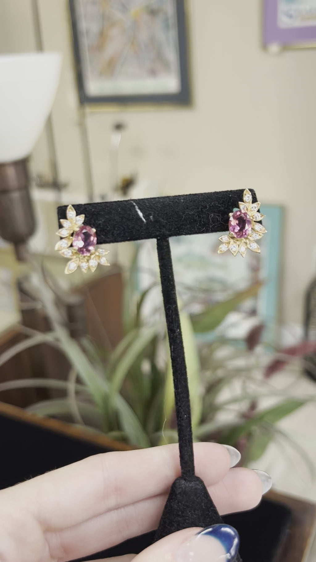 Pink Tourmaline and Diamond Gemstone Earrings Vintage Estate Jewelry