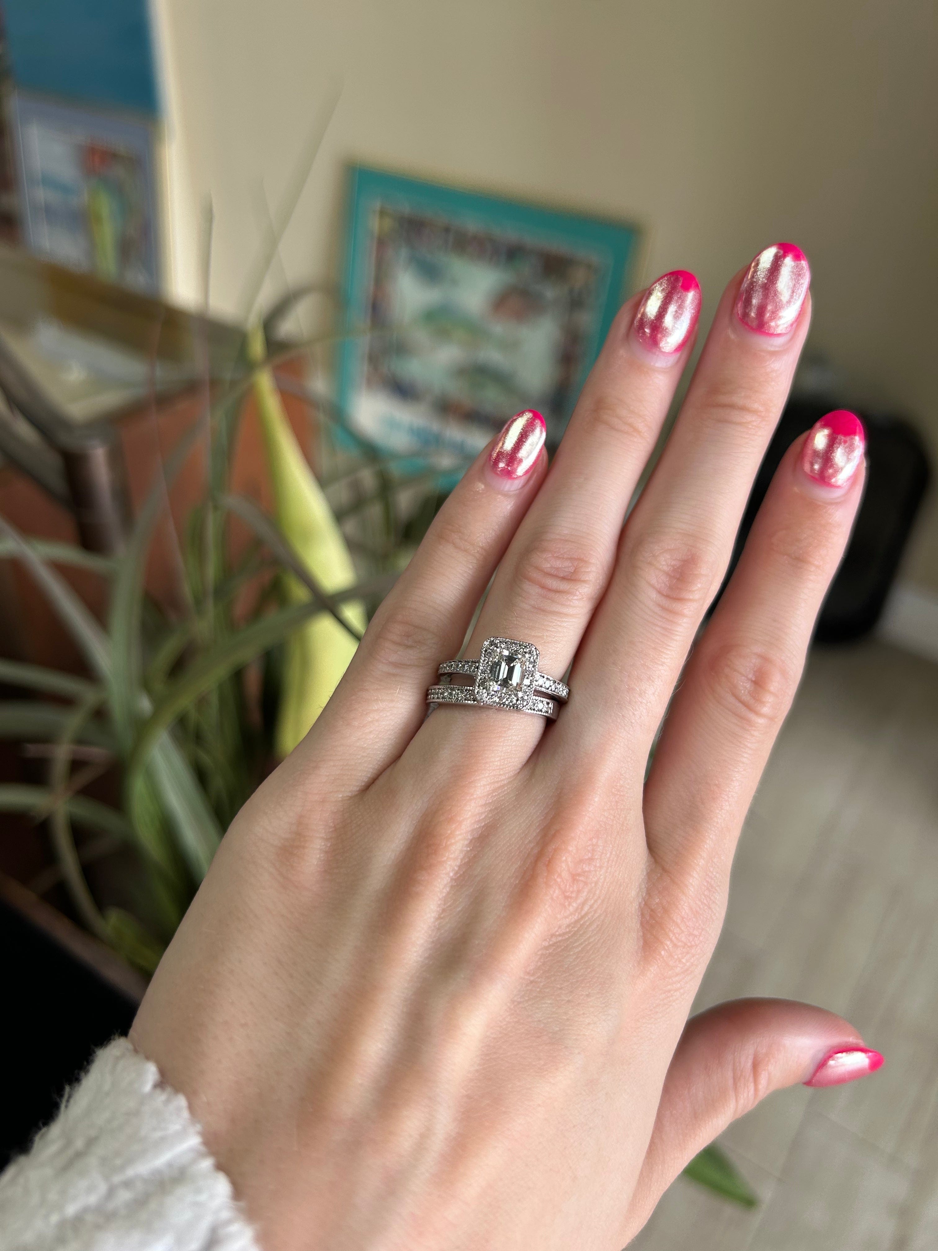 Wedding Band to Emerald Cut Engagement Ring with Pave Set Natural Diamond