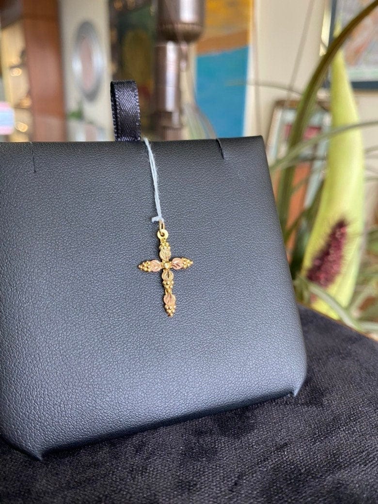 Black Hills Gold Cross with Floral Design 10kt Gold Pendant Charm