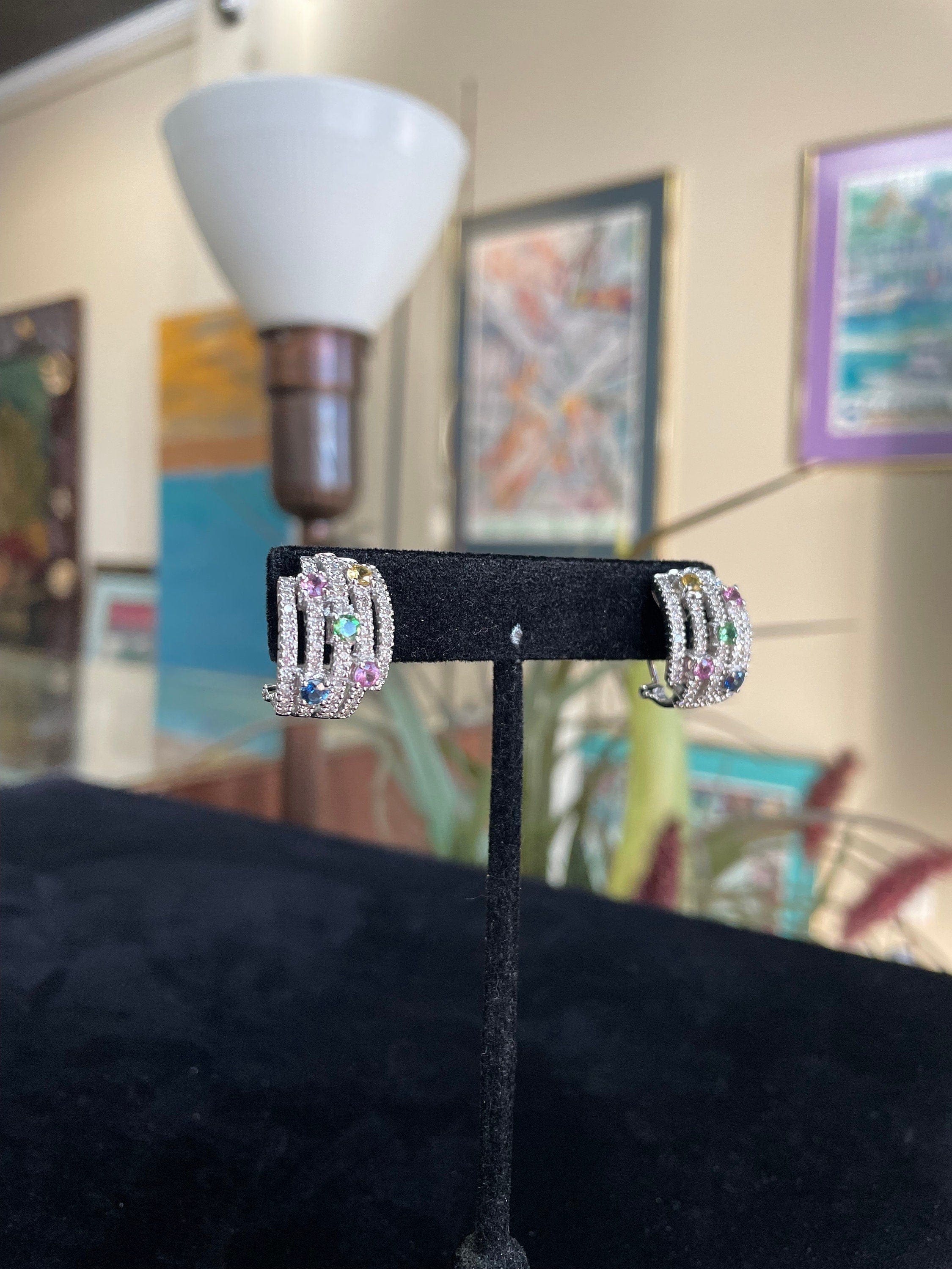 Yellow Green Blue and Pink Sapphire and Diamond White Gold Estate Earrings