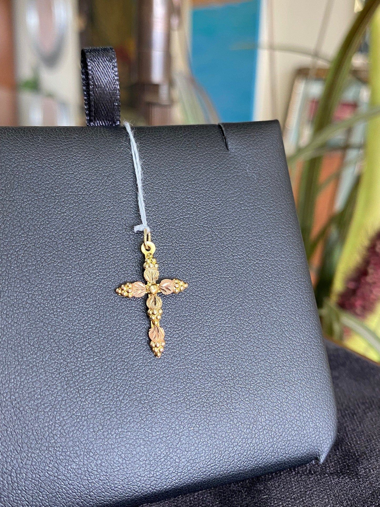 Black Hills Gold Cross with Floral Design 10kt Gold Pendant Charm