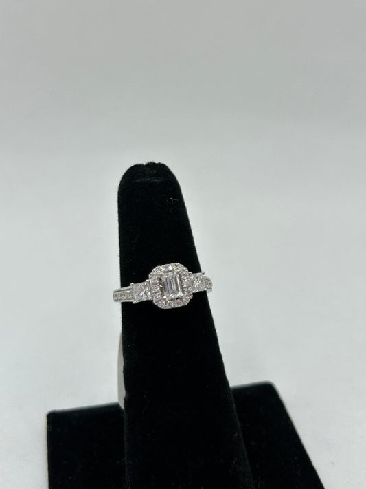 Past Present and Future Three Stone Diamond Engagement Ring Princess and Emerald Cut Halo Setting