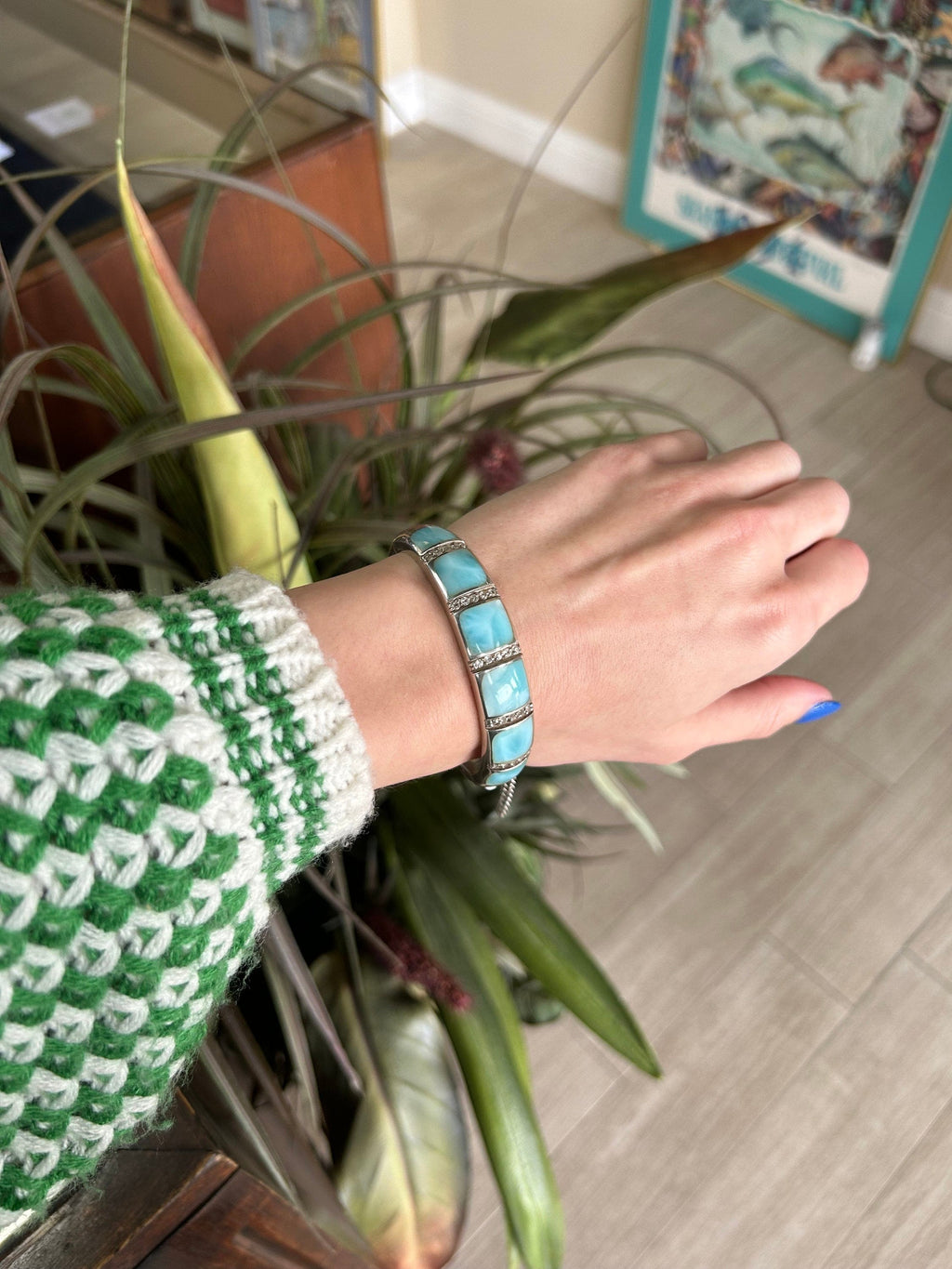 Designer Marahlago Marina Larimar Cuff Bracelet with White Topaz in Sterling Silver