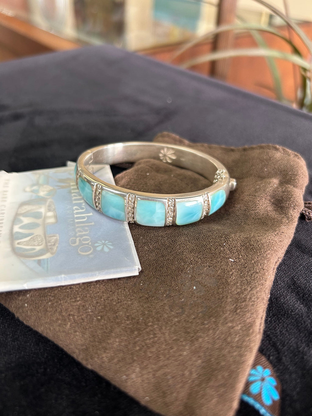 Designer Marahlago Marina Larimar Cuff Bracelet with White Topaz in Sterling Silver