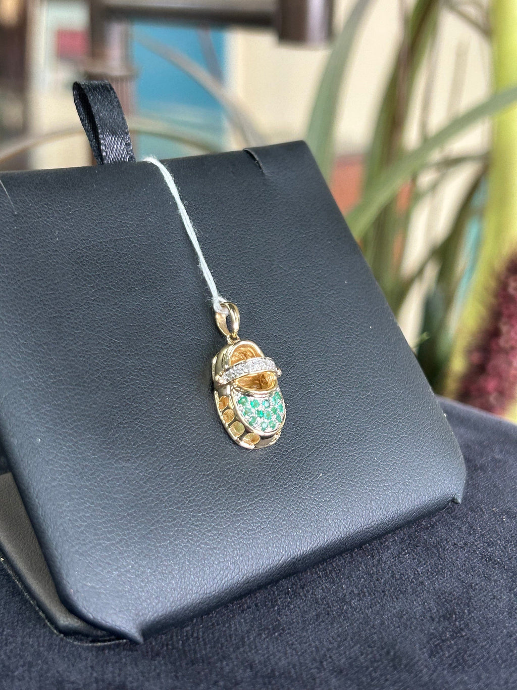 Emerald and Natural Diamond 14kt Baby Shoe Charm