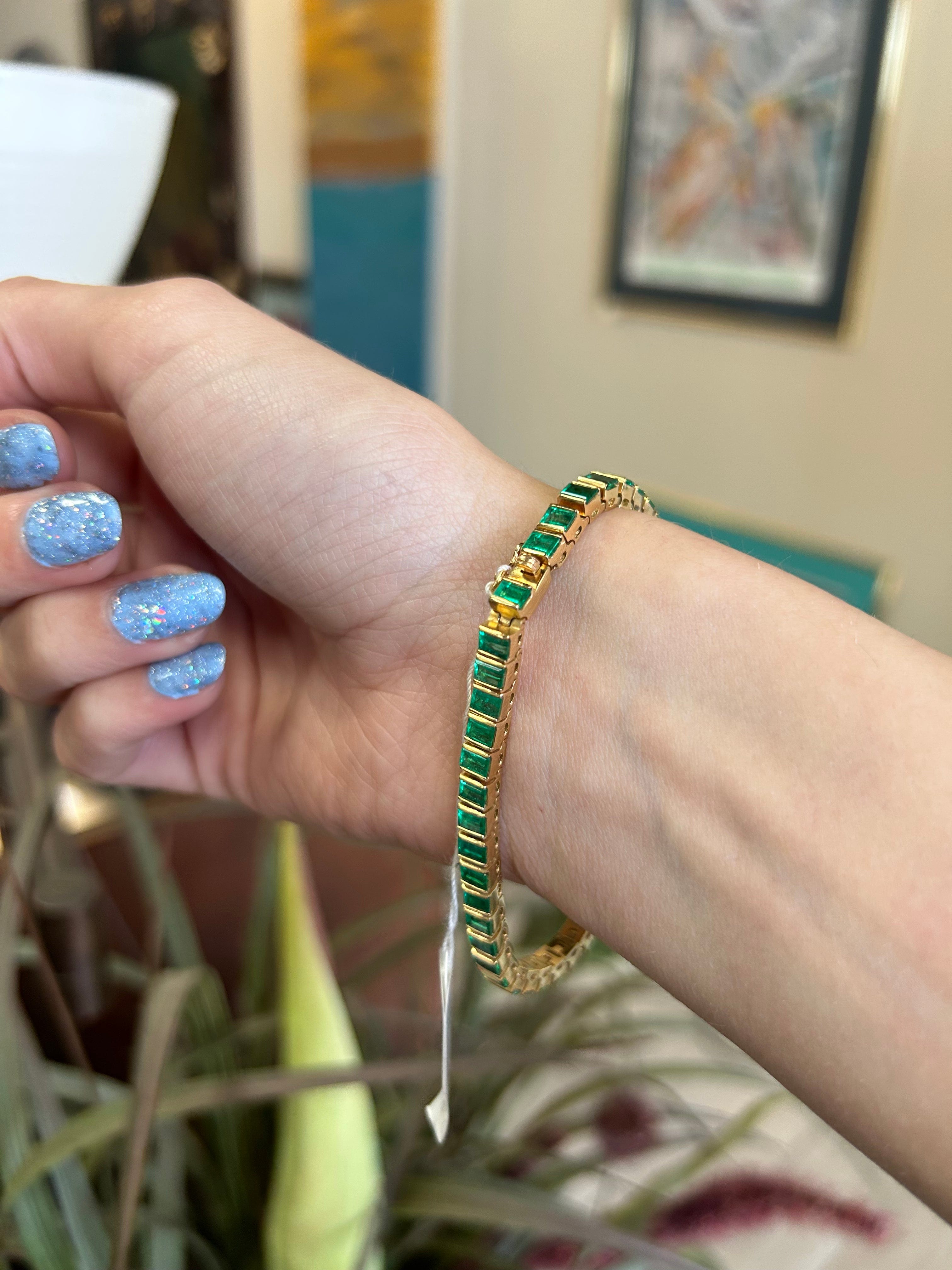 Emerald Gemstone Yellow Gold Line Bracelet 6CTW