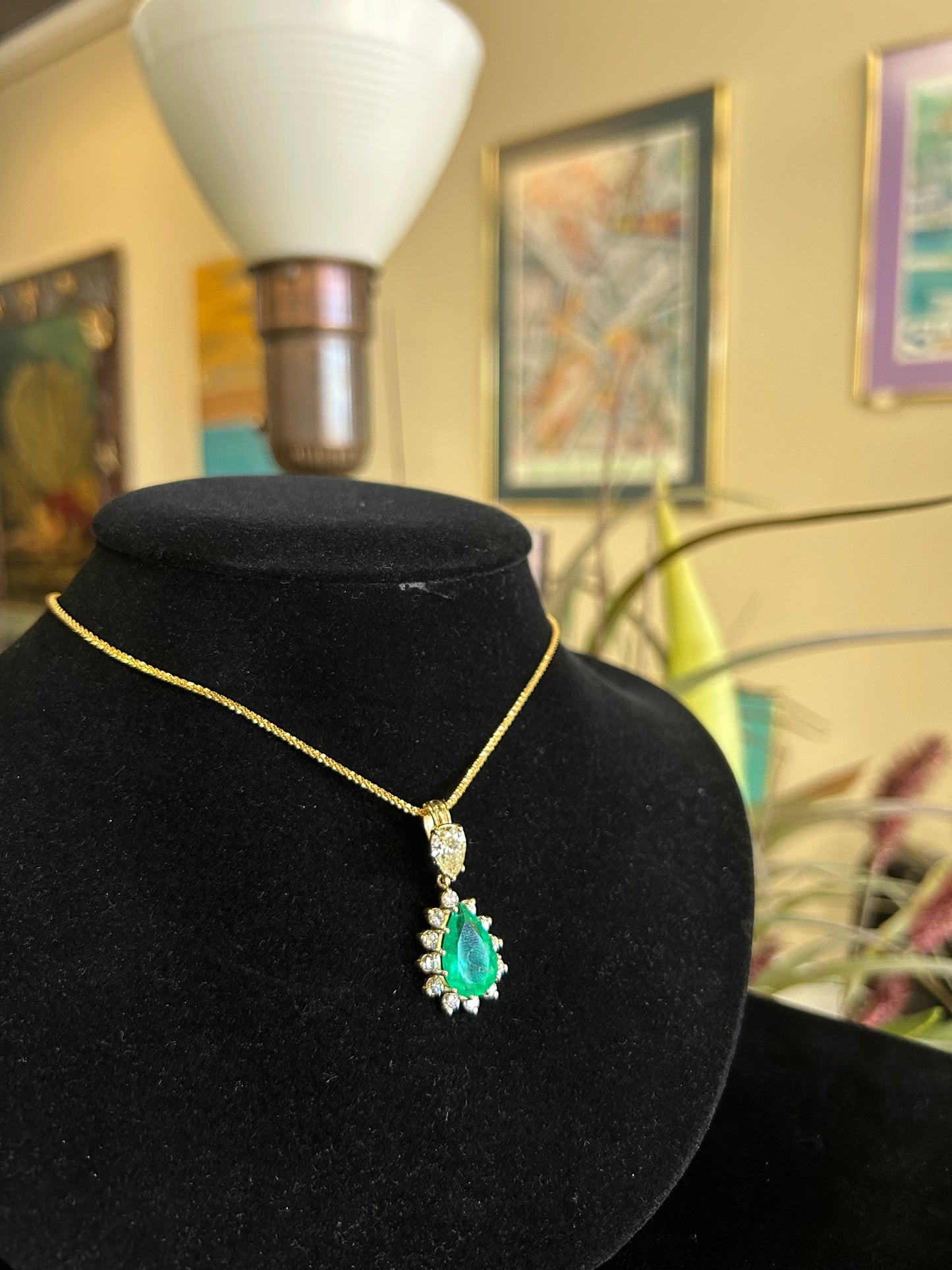 Pear Shape Emerald and Diamond Gemstone Pendant