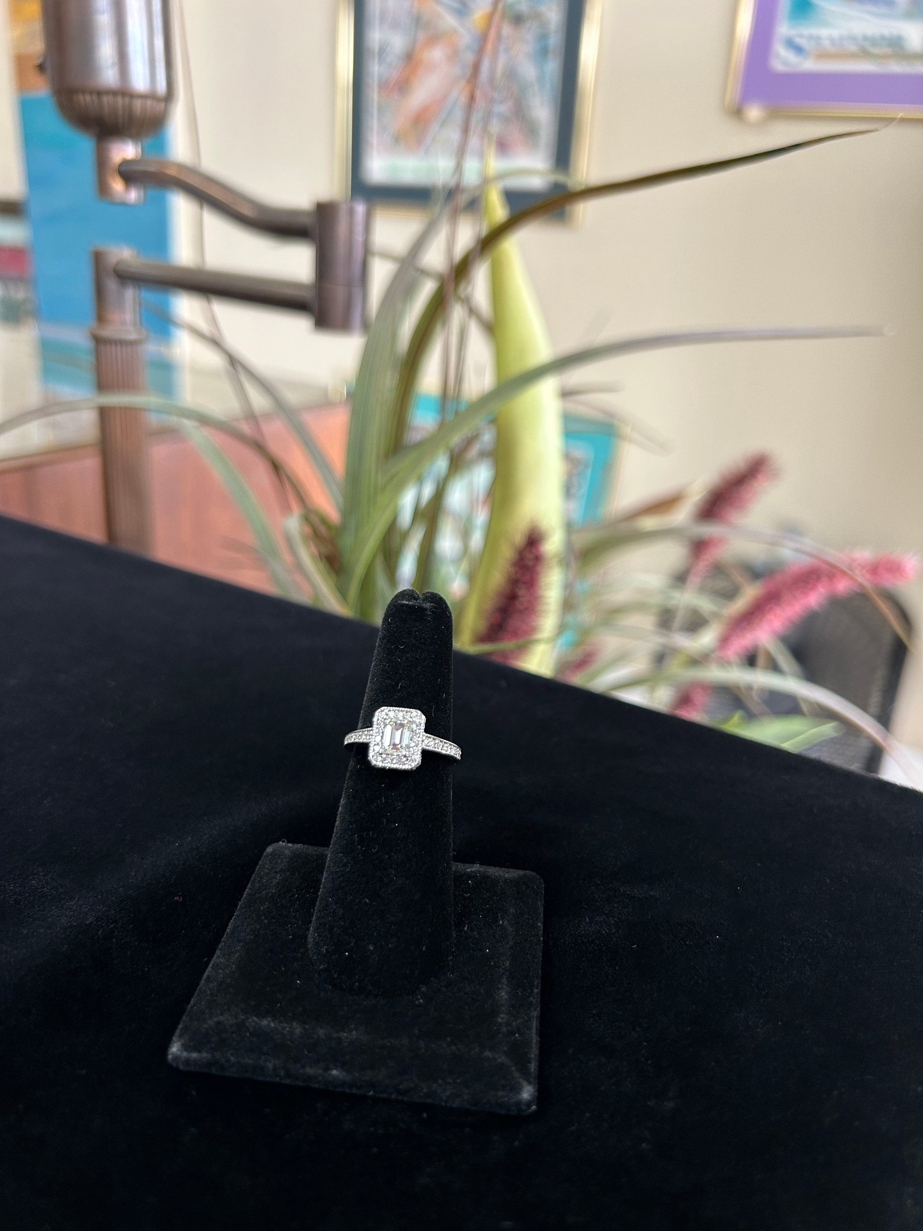 Emerald Cut with Pave Set Diamond Halo Engagement Ring