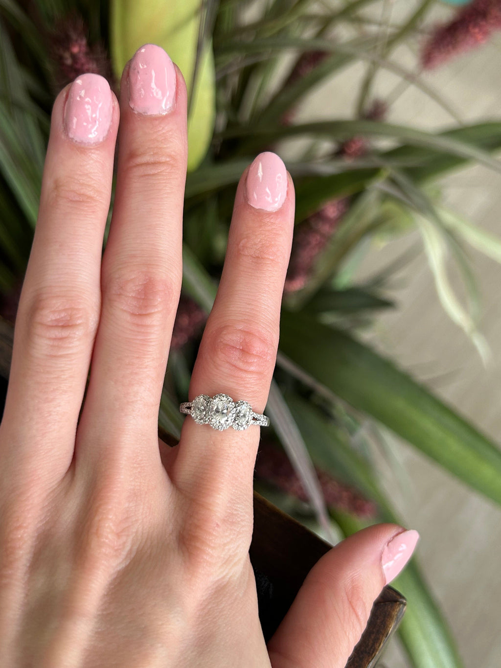 Three Stone Past Present Future Oval Cut White Gold 14kt Engagement Ring