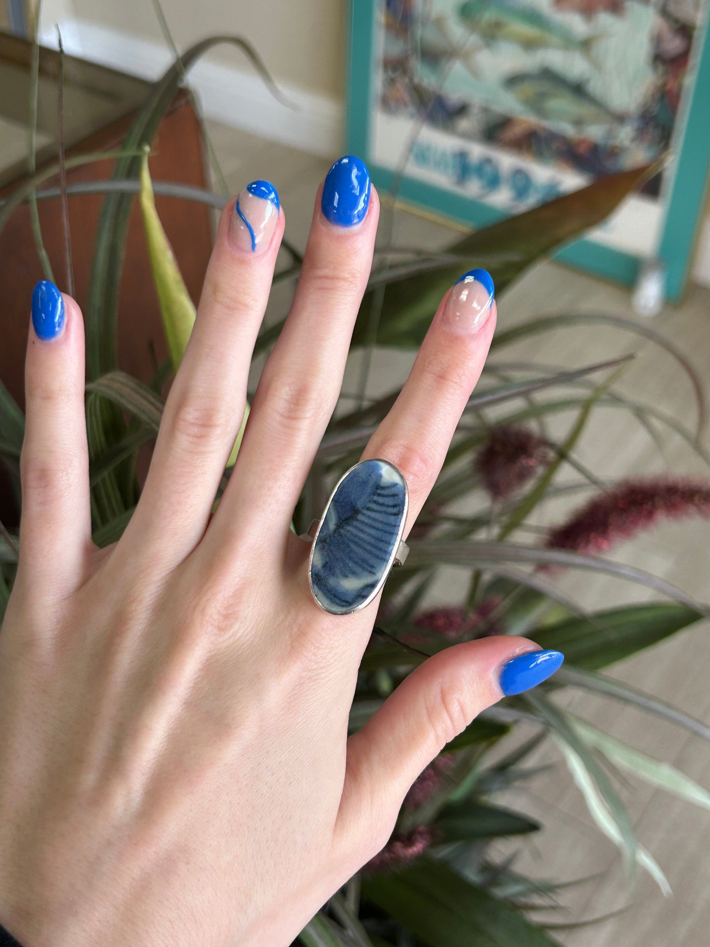 Sterling Silver Statement Ring with Large Blue Gray and Black Stone