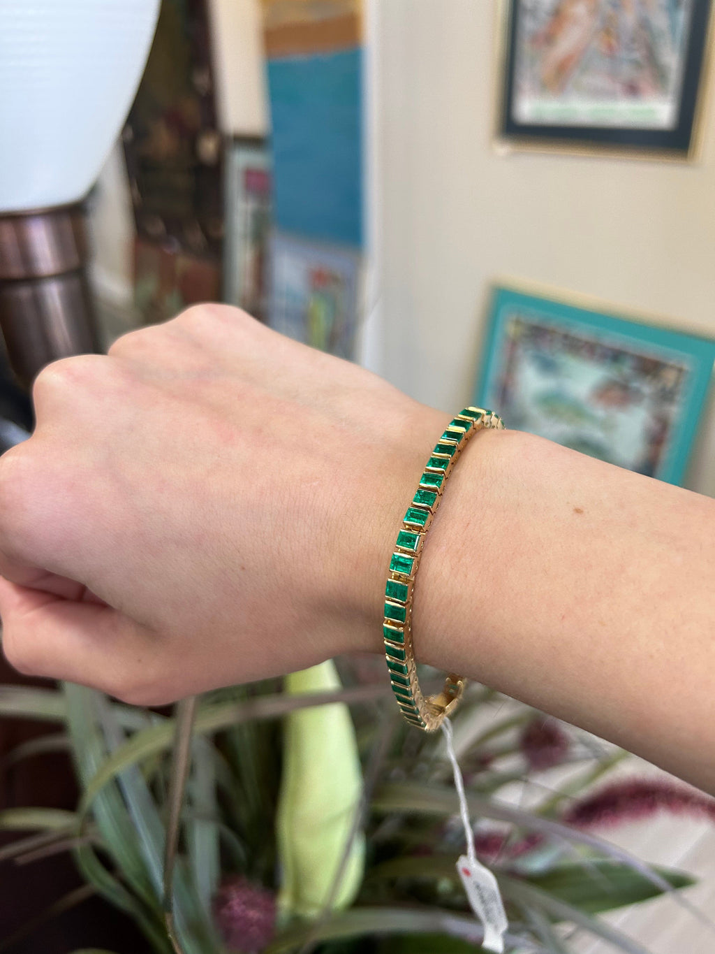 Emerald Gemstone Yellow Gold Line Bracelet 6CTW