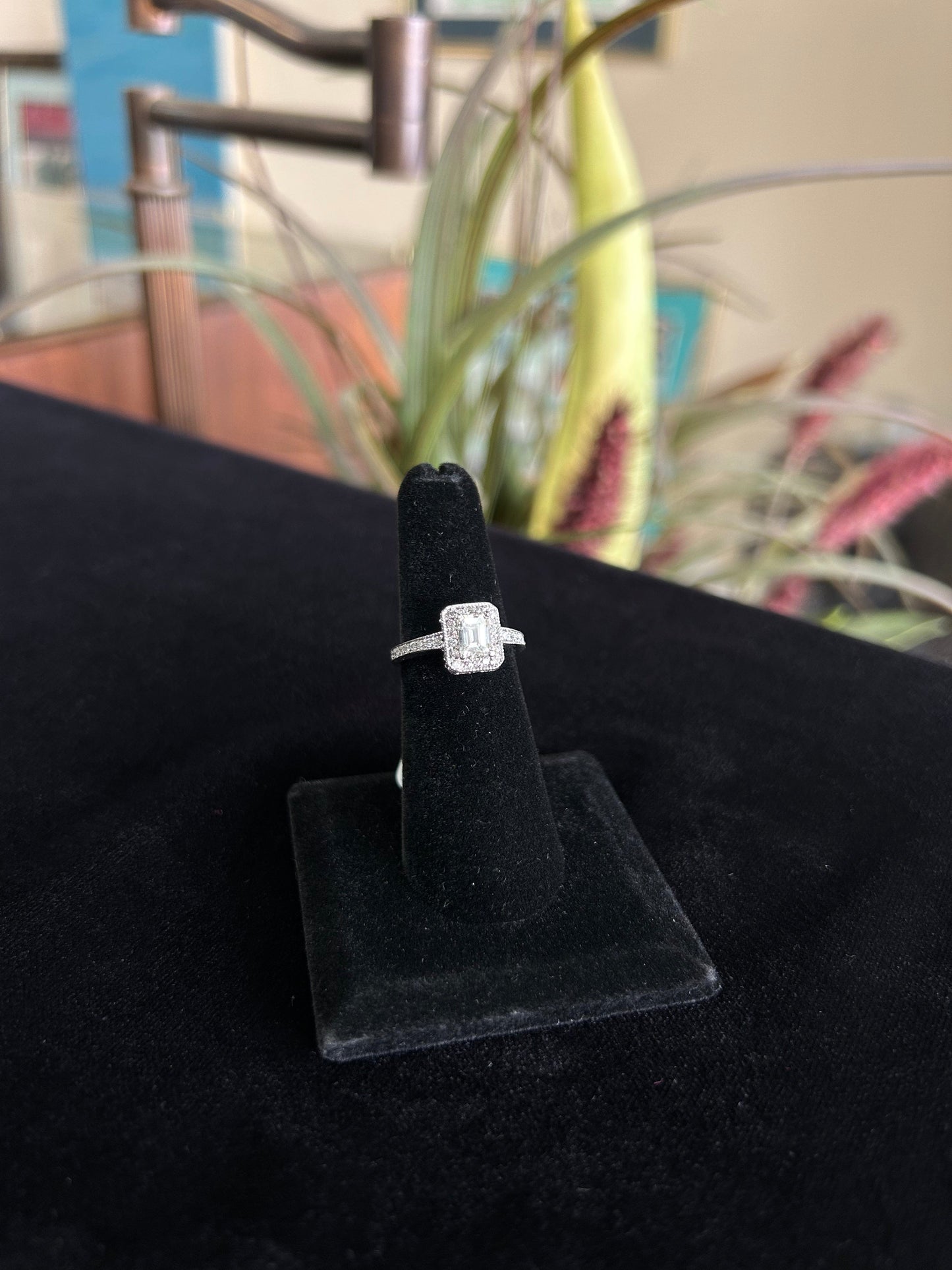 Emerald Cut with Pave Set Diamond Halo Engagement Ring