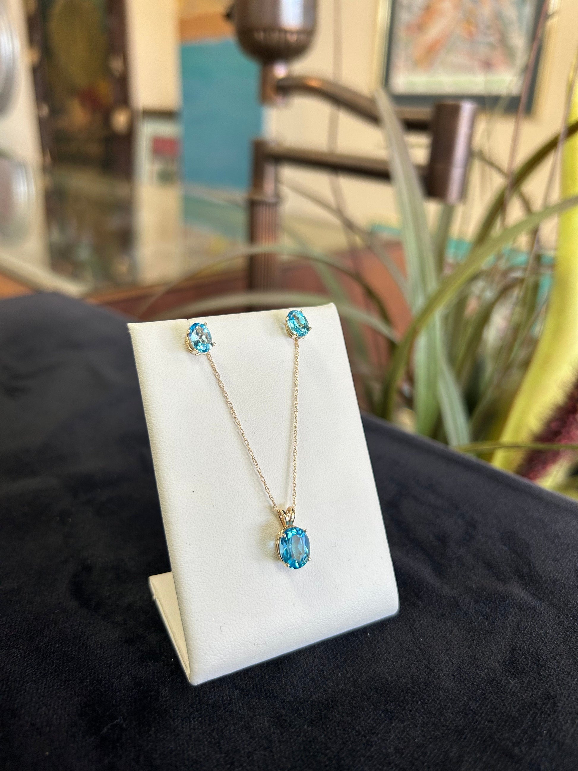 Blue Topaz Jewelry Set Earrings and Necklace Yellow Gold 14kt