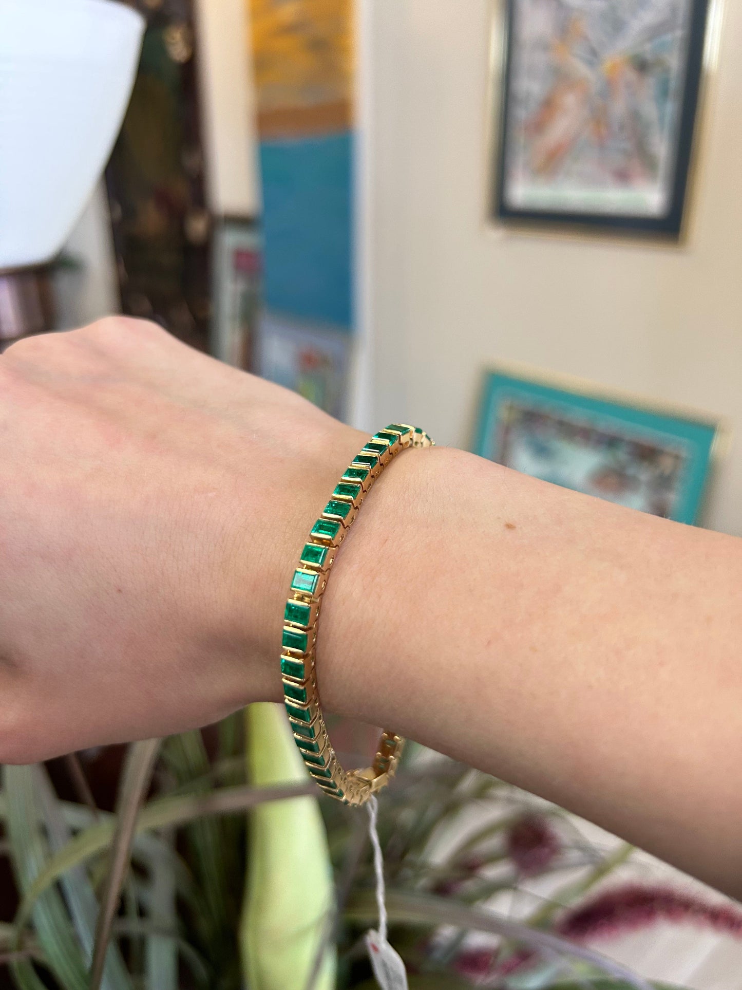 Emerald Gemstone Yellow Gold Line Bracelet 6CTW