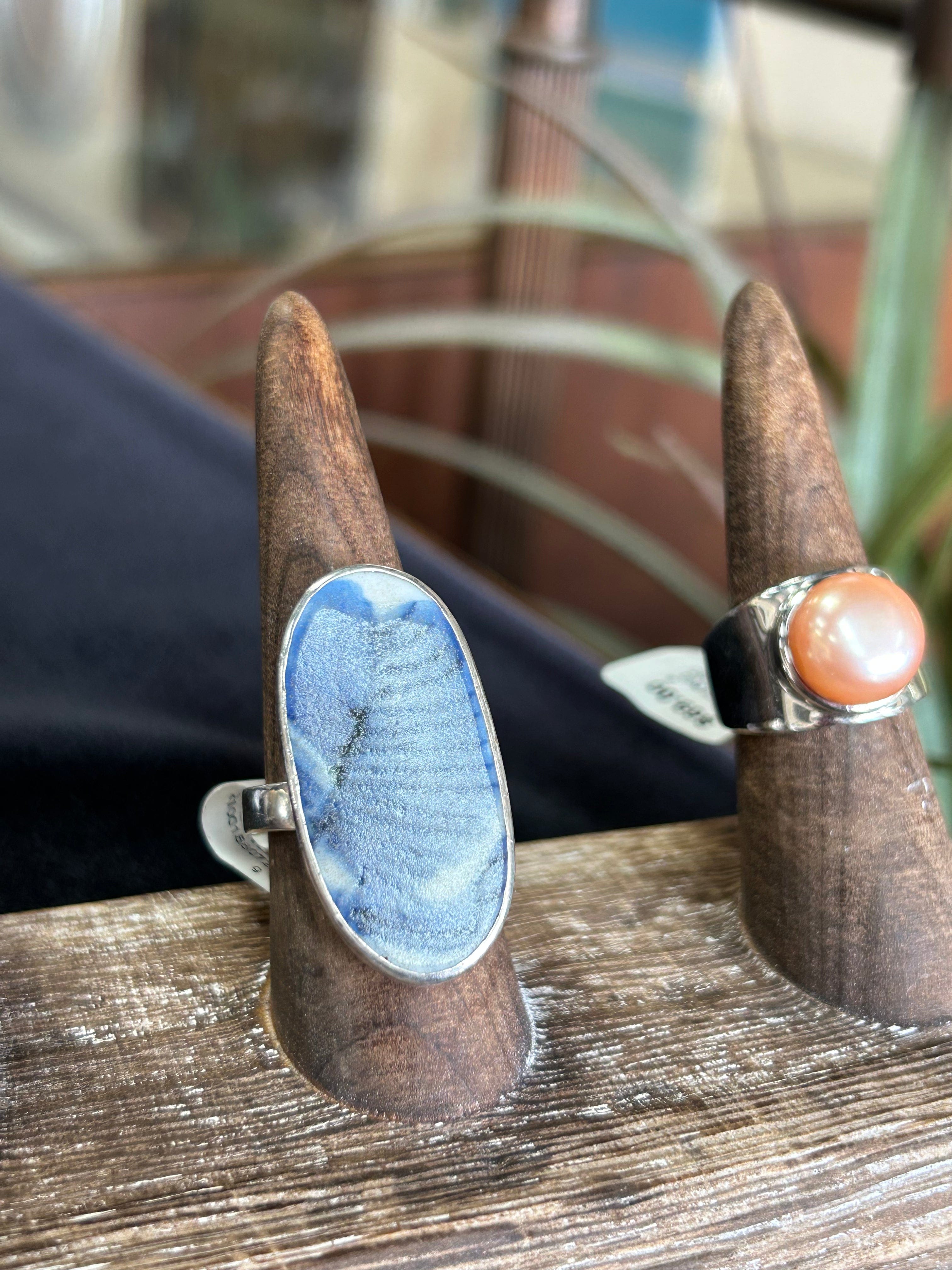 Sterling Silver Statement Ring with Large Blue Gray and Black Stone